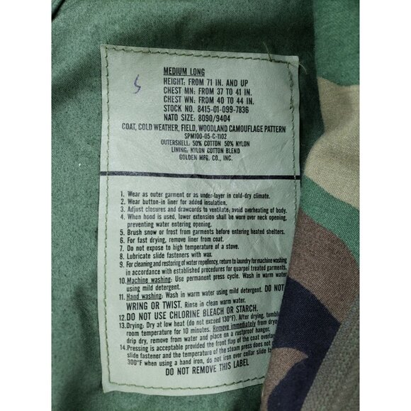 Cold Weather Field Coat Men's Size Medium Long Woodland Camouflage - Picture 8 of 9